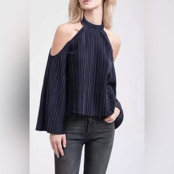 J.O.A Blue Flare Sleeve Off The Shoulder Velvet Pleated Top Blouse - Picture 1 of 11